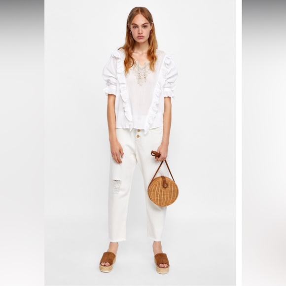 Zara Tops Zara 0 Cotton White Ruffle Embroidered Blouse Poshmark